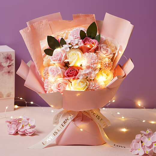 First Blossom 21 Roses, Carnations, Eternal Life Soap Bouquet, Birthday Gift for Women, Valentine's Day, New Year's Day, Same City Delivery, Non-Flowers