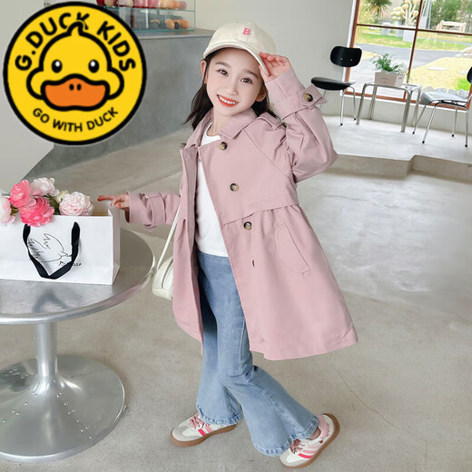 G.DUCKKIDS girls' windbreaker jacket autumn 2025 new fashionable and fashionable British mid-length children's little girl autumn coat khaki-double-breasted windbreaker 90 cm recommended height 80-90cm2-3 years old