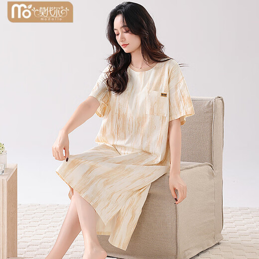 Victoria's Style 2025 Pyjama im neuen Stil mit Brustpolstern für Damen, Sommer-Baumwolle, kurzärmelig, dünn, gestreift, mittellanger Pyjama, Homewear-Rock ohne Brustpolster 14108 M 160 Empfohlenes Gewicht 80–100 Jin Jin entspricht etwa 0,5 kg