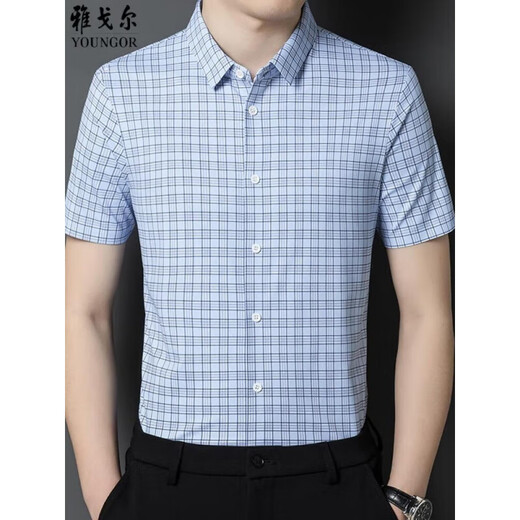 雅戈尔旗舰官方店桑蚕丝短袖衬衫男夏季薄款商务休闲高端抗皱免烫格子男 9906-兰格[长袖款] M 170[建议100-120斤]