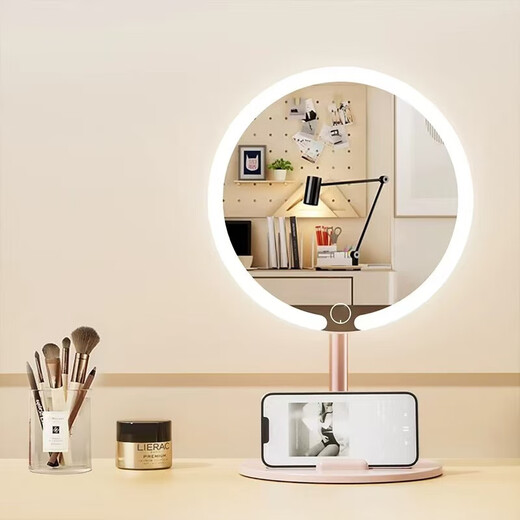 Cosmetic mirror with light led desktop beauty mirror dormitory three-color smart supplementary light mirror student portable charging free girl pink smart three-color cosmetic mirror