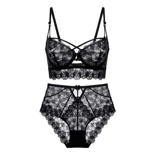 Dudant Luxury International Brand Sexy Underwear Women's Black Lace Big Breast Revealing Small Side Breasts Anti-Sagging Bra Set Black Set A Style S 32/70A (With Panties)