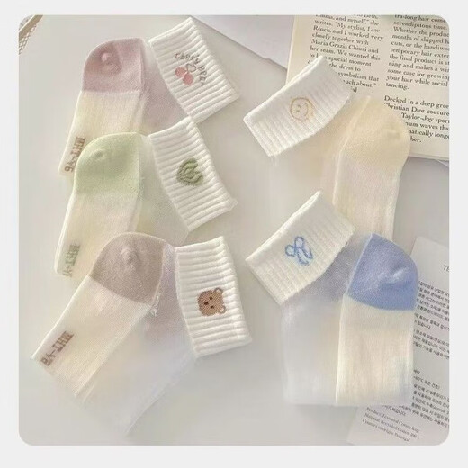 
Summer light and breathable crystal stockings for women's short socks, transparent glass silk, cute cartoon Korean style sports academy [five colors, five pairs] 5 pairs