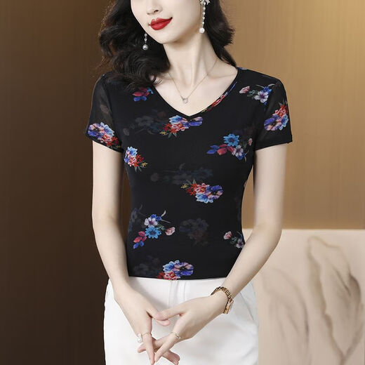 DRYWORLD2025夏季真丝女t恤女大码网纱印花双层打底衫女短袖上衣洋气小衫 花色 【百搭休闲6173图片色】 M