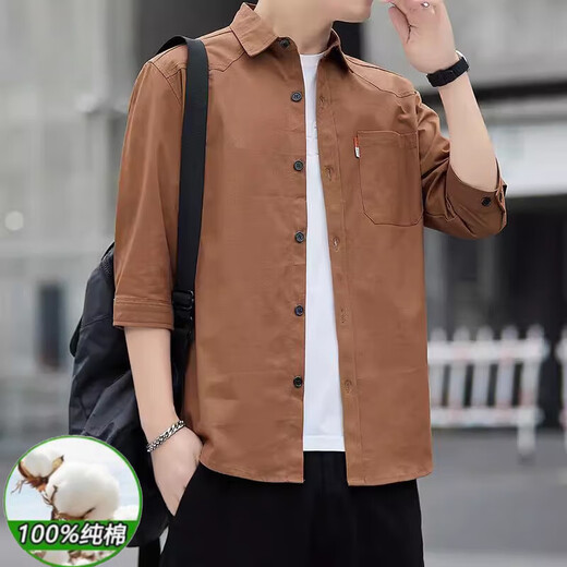 Hengyuanxiang Sommer 7-Viertel-Ärmel-Hemd Herren-Hemd für Pure Cotton Shirt Herren-großer trendiger lässiger Arbeitshemd Jacke Herren Kleidung Q6626 7-Viertel-Hülle 2 Stücke [schwarz + schwarz] m