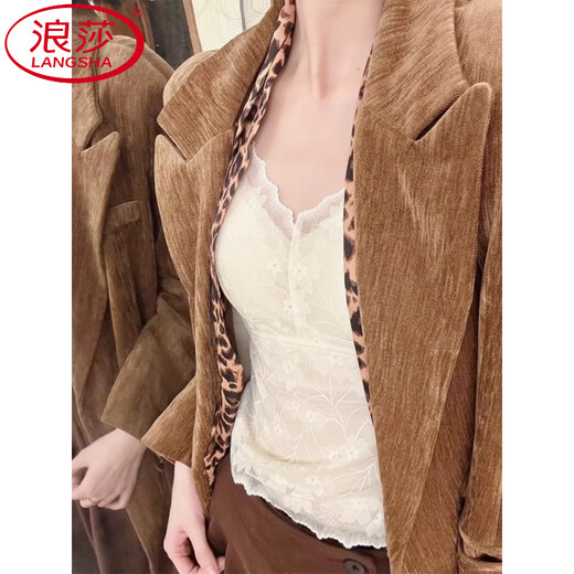 浪莎（LangSha）蕾丝吊带带胸垫内搭打底背心女2025新款春夏文胸一体美背外穿上衣 香槟白 XL