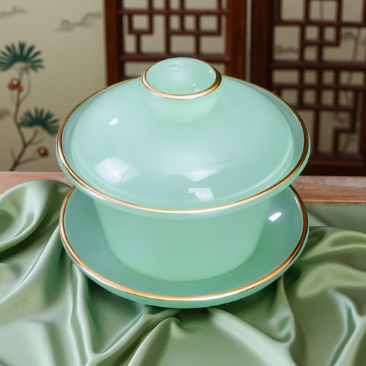 Xianjuren high-end sky blue Ru kiln gilt jade porcelain tea set light luxury gift mutton fat jade tea kung fu bowl gift box Ru Qing jade porcelain tea set gentian cup 12 pieces