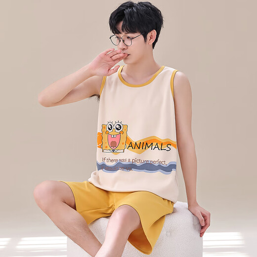 Moxiao vest shorts sleeveless cotton pajamas men's summer student home clothes spring and summer suit summer plus thin cotton vest shorts: 1365 coffee bear M teenage version: 60-75 Jin [Jin equals 0.5 kg] high 150