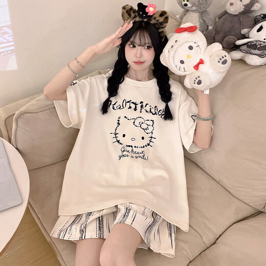 少年情话女士睡衣纯棉夏季短袖短裤卡通夏天少女学生大码可外穿家居服套装 Z9920 M 女75-95斤