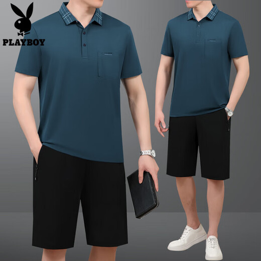 花花公子（PLAYBOY OUTDOOR）爸爸夏装冰丝短袖T恤运动套装男士夏季中老年父亲节休闲跑步套装 687-暗红【短袖+短裤】 XL【120-140斤左右】