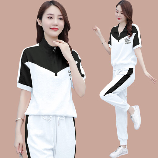 啄木鸟冰丝短袖时尚休闲运动服套装女2025夏季新款显瘦跑步服时尚两件套 【1389】白色 2XL【建议126-138斤】