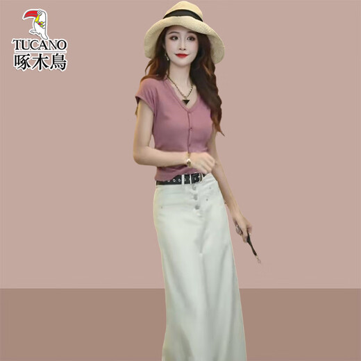 
Woodpecker's new summer women's V-neck T-shirt wide-leg jeans two-piece set white pants M (recommended 100 Jin [Jin equals 0.5 kg])