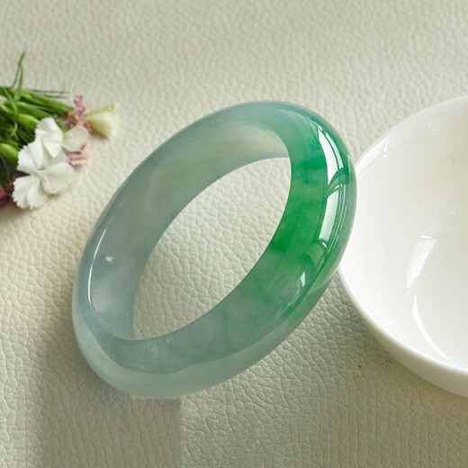 Burmese jadeite bracelet, ice type floating green jadeite bracelet, women's peace bracelet, square floating flower bracelet, genuine jade, 55 ring mouth