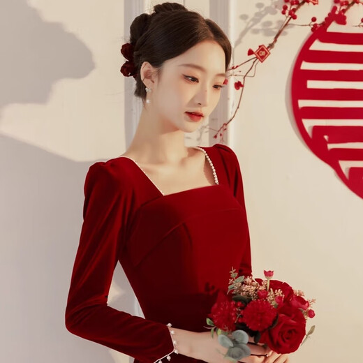 Li Baixin Velvet Toast Wear Bridal Autumn and Winter Simple Burgundy Temperament Slim Engagement Dress Back Door Dress Dress Women Burgundy L Recommended 100-110 Jin Jin equals 0.5 kg