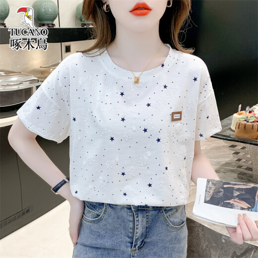Woodpecker pure cotton loose printed T-shirt for women's trendy summer new versatile T-shirt top 1396# white S suitable for 80-99Jin [Jin equals 0.5 kg]