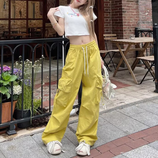 
Casual simple dopamine wear work pants for women in spring and summer drawstring hip-hop thin style wide-leg floor trousers MY-687 black L