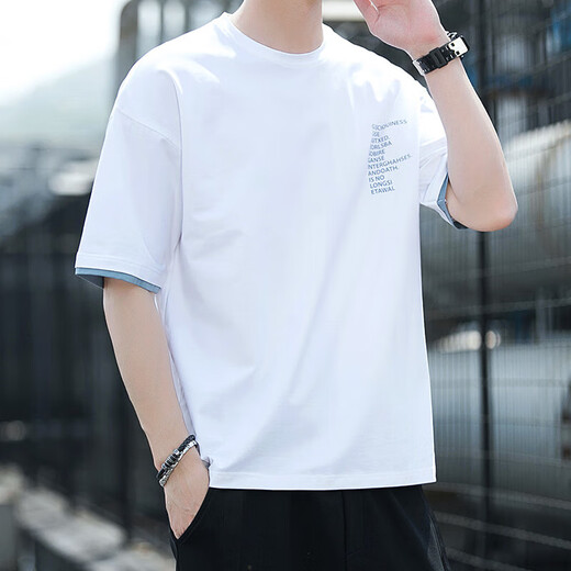Semir Sommer kurzärmeliges T-Shirt für Männer reine Baumwolle Runde Hals loser halbärmeliger Student Hong Kong Style Ins Super Hot Top Fünf-Punkte-Hülse T-Shirt PC-FKS963 White M.