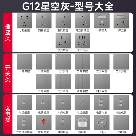 公牛开关插座面板斜五孔5孔全屋套餐电工电料墙壁五眼电源g12星空灰 清单发客服报价（默认发白板）