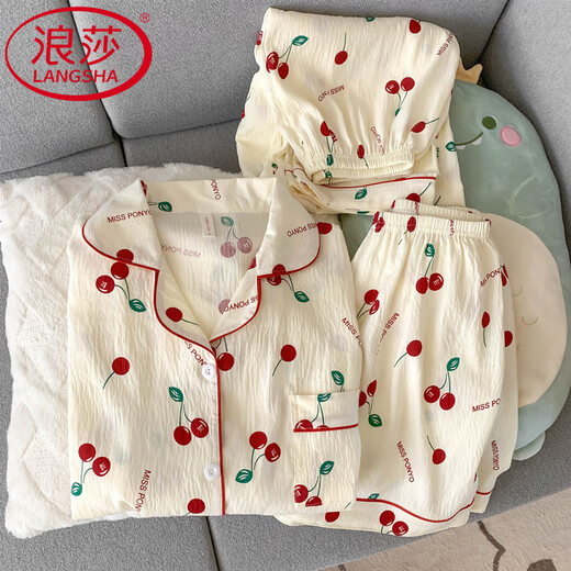 浪莎（LangSha）纯棉纱布睡衣女短袖长裤夏款三件套甜美樱桃外穿开衫家居服春秋季 云朵棉-J9901#乐园小狗三件套 M 【建议75-100斤】