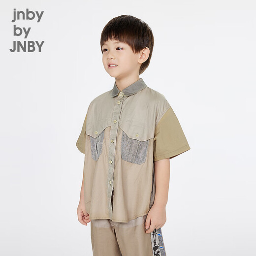 Jnby by JNBY Jiangnan Buyi children's short-sleeved shirt contrasting color cotton and linen A-shaped lapel summer boys and girls 1P5210410 053/light gray 110 cm