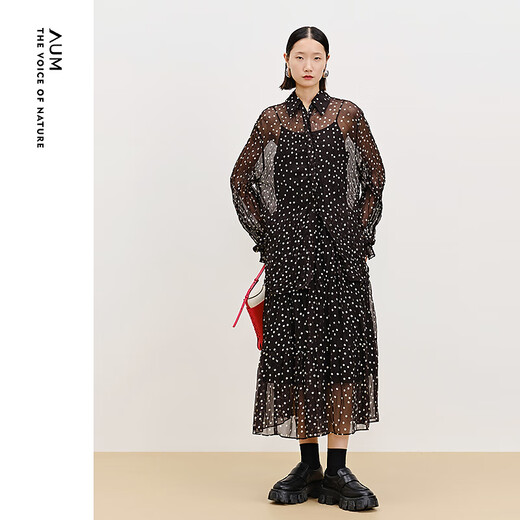 AUM Easy Suit 2025 Spring New Chiffon Printed Polka Dot Shirt Black Skirt Black Skirt S