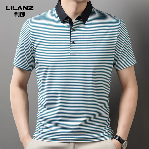 
Lilang men's lapel short-sleeved T-shirt summer striped young and middle-aged business casual POLO shirt ice silk breathable top green 13691 S 165