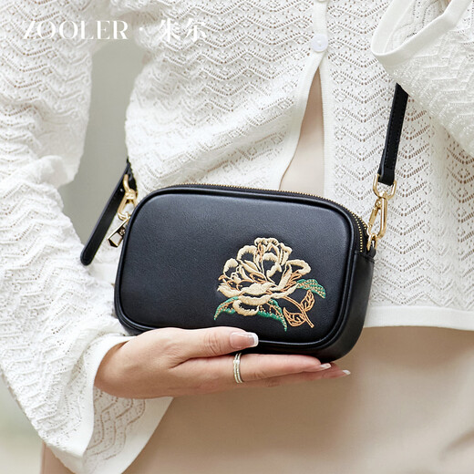 ZOOLER Bag Women's 2025 New Chinese Style Embroidery Crossbody Bag Women's Cowhide Mom Bag Birthday Gift Gift for Elders Black