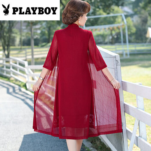 
Playboy (PLAYBOY) Xiangyunsha Middle-aged and elderly women's summer new dress Mom's outfit covers flesh to make you look slim and fashionable fake two-piece skirt Green 9227 skirt 4XL Recommended 134-146Jin [Jin equals 0.5 kg]
