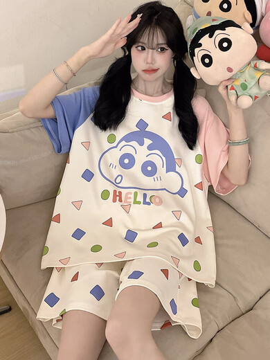 Crayon Shin-Shirt reines Baumwoll-Pyjamas für Frauen im Sommer kurzärmelig dünner Cartoon süße Schüler plus Größe Fett MM Home Kleidung