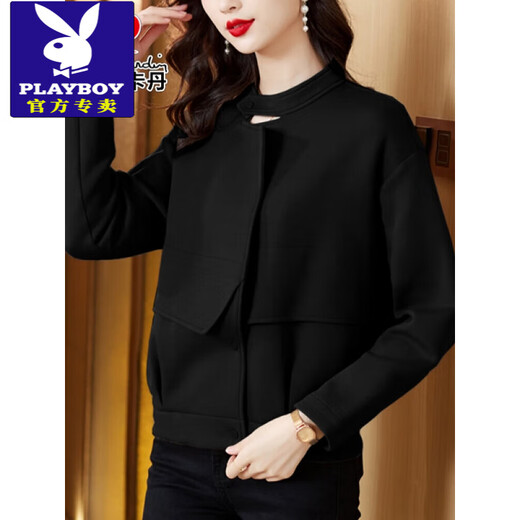 花花公子（PLAYBOY）中年妈时尚洋气外套女2025春秋装新款大号宽松休闲短款上衣 黑色 S