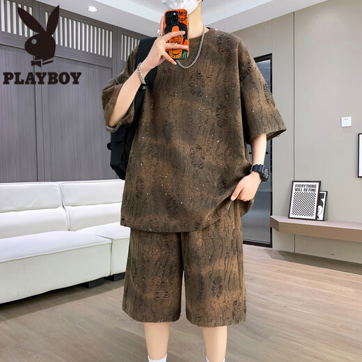 花花公子（PLAYBOY）夏季薄款酷帅套装男2025年新款帅气穿搭一套短裤短袖t恤休闲运动 T6630米白套装 4XL 175-190斤