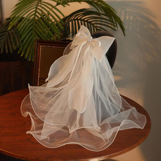 Er Jiagong Braut Kopfschmuck auf der Flucht Prinzessin Hochzeitskleidempfänger Registrierung Veil Dopple Wrinkle Bow Hochzeit Haarzubehör 6624 Veil (Entenbill Clip) unter 60 cm