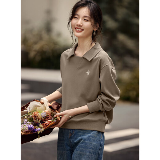 Romon Elegantes Temperament Revers Sticked Sweatshirt für Frauen 2025 Herbst und Winter Neu elegantes Freizeit -Revers -Stickmantel Braun S
