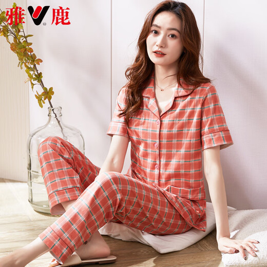 Yalu haut de gamme Plaid d'été pyjamas pyjamas de coton mince pantalon à manches courtes pour femmes Summer Mother Home Clothing Clothing 9923 M -80-95Jin [Jin est égal à 0,5 kg]