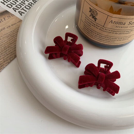 Ze Yuhan retro flocking mini bow small clip women's winter side bangs clip princess hair shark clip hairpin four-piece set burgundy + black