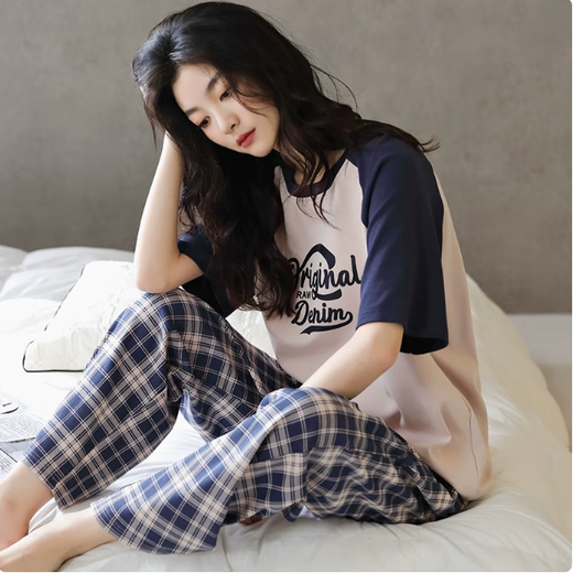 Pyjamas modal pour les femmes en été Xinjiang Cotton Coton Minage à manches courtes Set Two-Pice Set Spring and Automn Co dans la version peut être portée à l'extérieur des vêtements de maison YD7374 M (160) Recommandés poids 80-100