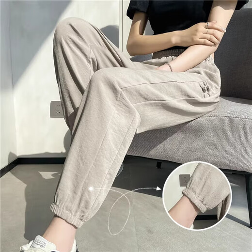 [Seda de hielo Anti-Wrinkle] Algodón de verano y lino Pantalones deportivos de estilo de talla de talla de talla de talla de tamaño de nueve puntos Pantalones casuales de harem para mujeres de albaricoque L [sugerido 100-115 Jin [Jin equivale a 0.5 kg]]]