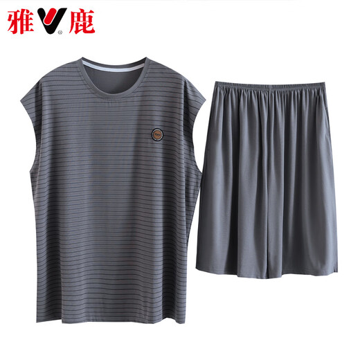 雅鹿轻奢胖子睡衣男夏季加肥加大莫代尔背心轻薄款无袖短裤圆领套头 MDR723深灰条纹 3XL 大【180-220斤】