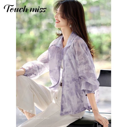 
Tachimis TOUCH MISS elegant loose jacket for women in summer comfortable and breathable light spring style outfit smudge printed stand collar thin top smudge gray purple M 100-115