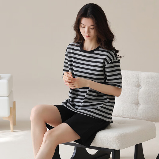 Pang Donglai DL Same style 2025 PAJAMAS POUR FEMMES EN SUMPRE CHEPAGE CORÈS DE COURRES POUR LES STRIPES NOIRS À PORTER AUTOBLES AUTUMES DE MAISON IMPILE YZT9859_SET 3XL_SUGSETED 150-170JIN [Jin est égal à 0,5 kg]