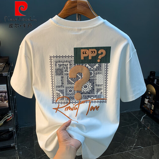 Pierre Cardin Kurzärärtes T-Shirt Herren 2025 Sommer Dünnem Mode gedrucktes T-Shirt Xinjiang Baumwolle Runde Hals halbärmelte Herren-Top T White 2 [ZJ1047 Fit-Version] M geeignet für 90-108 Jin [Jin gleich 0,5 kg]