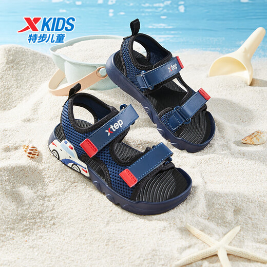 Xtep Children's Beach Shoes Summer Boys and Kids Velcro Easy to Put on and Take Off Soft, Comfortable, Breathable, Fashionable and Versatile Sandals Night Blue/Zhuangyuan Red 27