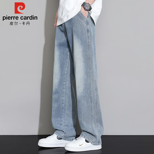 皮尔卡丹（pierre cardin）牛仔裤男夏季薄款潮流复古直筒裤子男宽松阔腿长裤男装 复古蓝 XL