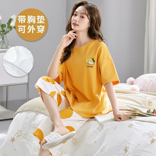 铂朗尼奥带胸垫家居服七分裤可外穿睡衣女款2025新款春款纯绵短袖夏天套装 七分带胸垫:679芭比熊 女M 均码