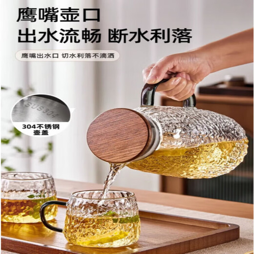 AILUKI Japanese high-looking glass home hospitality light luxury high-end living room water cup set drinking tea cup for women Glacier Cup 6 pieces + Glacier Pot 1.8L + Iron cup holder + Large gold handle