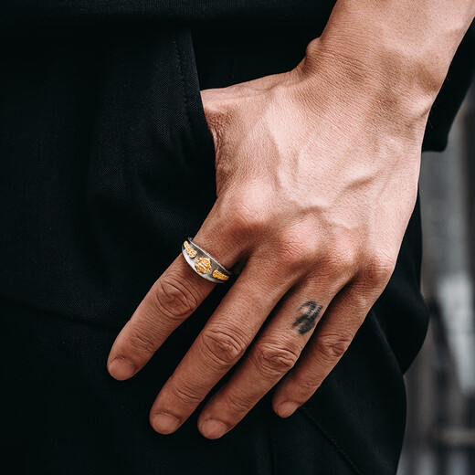 Mingyang Decoration Sea 925 sterling silver 3D yellow God of Wealth ring men's high-end retro original design national trend index finger ring US size 11# (suitable for Hong Kong sizes 25-26)