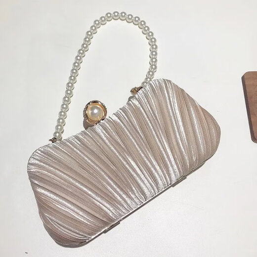 Yingtang Daisy Celebrity Dinner Clutch Women's Banquet Small Bag with Evening Dress Handbag Champagne Color + Pearl Short Chain