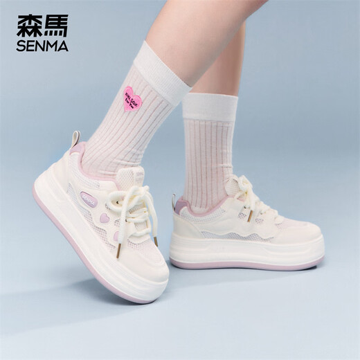 森馬小白鞋女鞋面包鞋2025新款夏季网面透气户外运动鞋增高百搭休闲鞋 米紫色 38