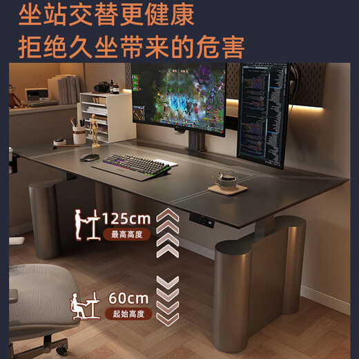 Lolik Electric Desktop Computer Desk Home Anchor Game Double Lift Table Desktop Workbench Study Table CL45 Upgraded Version Desktop Power Strip/Dark Gray Saddle Leather Surface 240*80cn Desktop Size/Installation Included