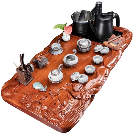 Ai Yingjia tea tray solid wood rosewood hand-carved high-end tea set set Chinese retro Kung Fu tea table with water boiler rosewood fish every year 100cmA6-Wanhua Jinxiu